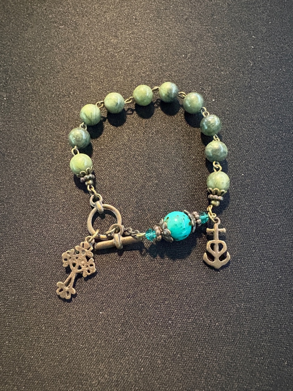 Handmade Green and Turquoise Beaded Charm Bracelet